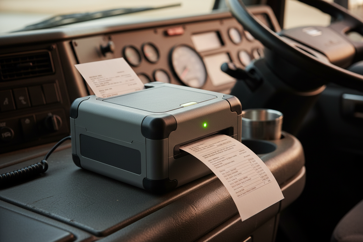 RoadPrint Pro mobile thermal printer on a truck dashboard