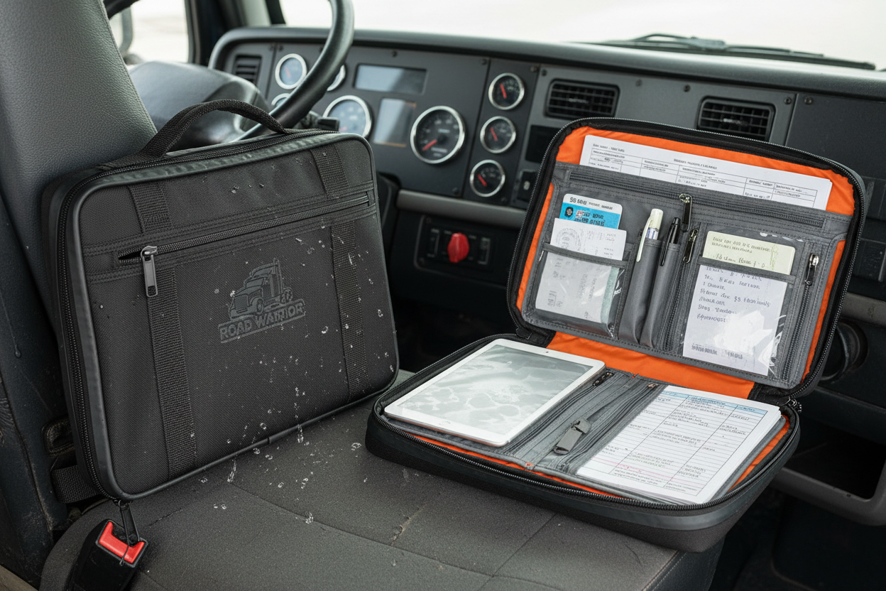 Waterproof document case for truck drivers open showing organized pockets on truck cab seat