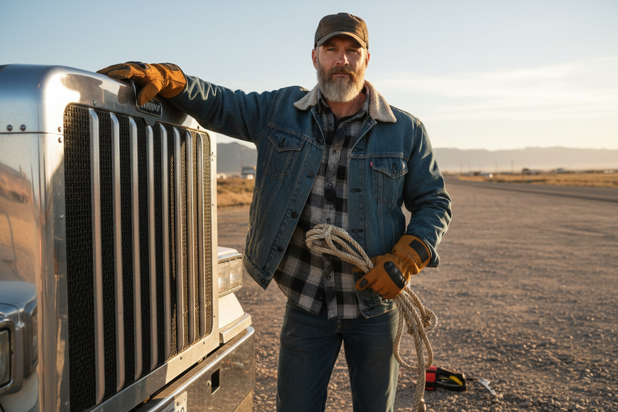 Trucker wearing heavy duty work gloves