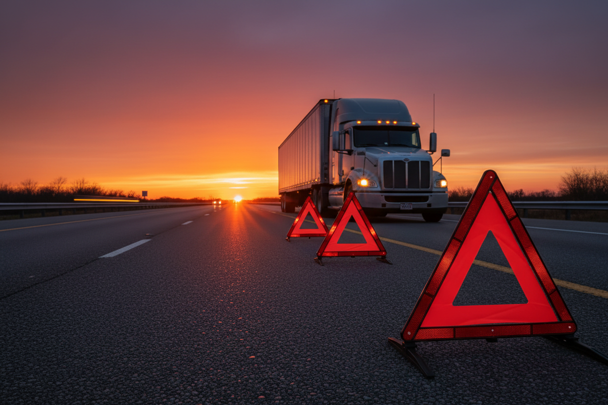 Three orange DOT reflective hazard warning triangles deployed on highway shoulder behind a semi truck