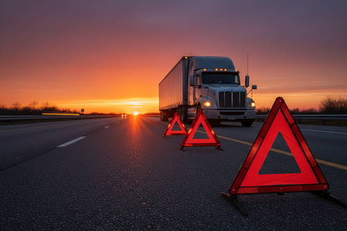 Three orange DOT reflective hazard warning triangles deployed on highway shoulder behind a semi truck